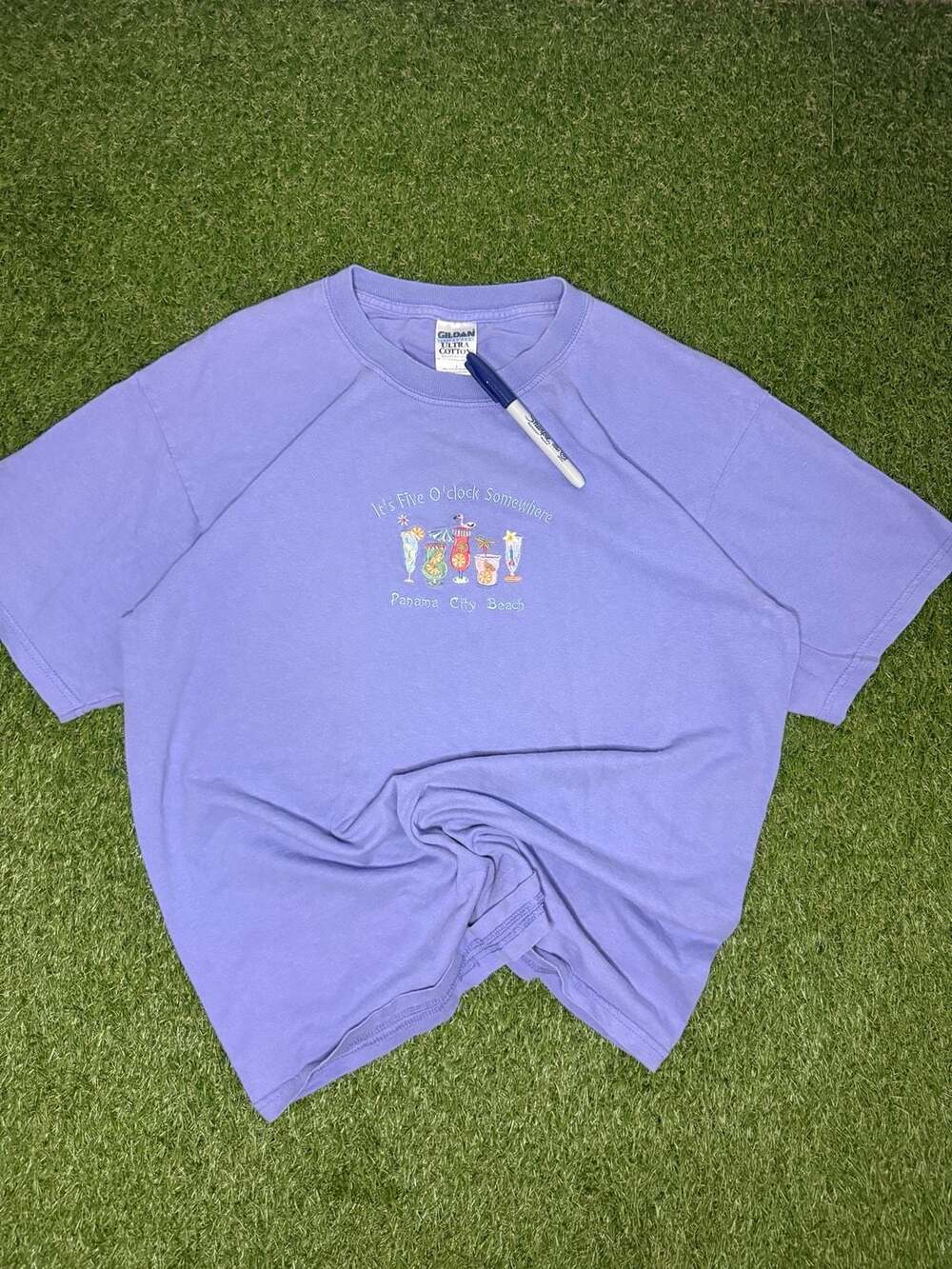 Vintage Panama City Beach Embroidered It's Five O'clock Somewhere Purple T-Shirt